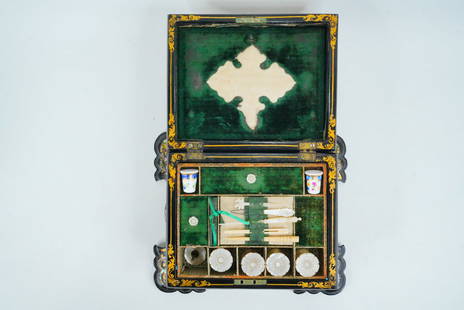 Victorian Boulle-Style MOP Inlaid Sewing Box W/Tools: Victorian Boulle-Style Mother of Pearl Inlaid Sewing Box W/Original Tools and Accessories - This is a stunning mid-19th century Victorian-era sewing box, richly decorated in the classic Boulle style w