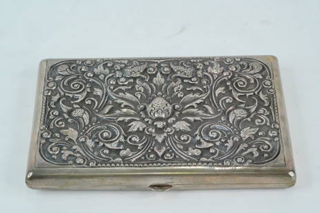 Early 20th C. Continental Silver Calling Card Case: Early 20th Century Hand-Hammered Continental Silver Calling Card Case, "PE 900" Mark - This is a richly decorated hand-hammered 900 silver calling card case, crafted in .900 fine silver, likely of Con