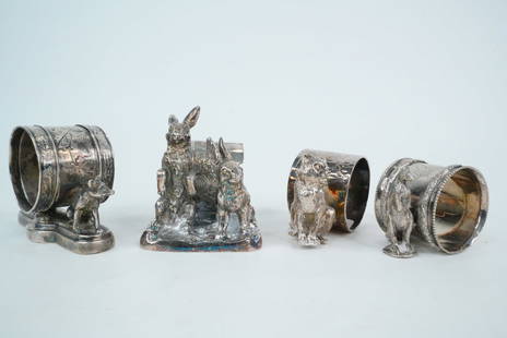 Lot of (4) Victorian Silver Plated Animal Napkin Rings: Lot of (4) Victorian Silver Plated Figural Animal Napkin Rings - Presented is a charming and eclectic lot of four antique Victorian-era silver-plated figural napkin rings, each featuring a distinct an