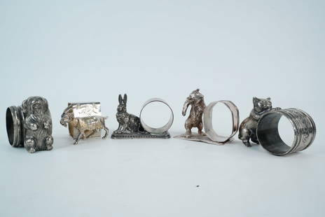 Lot of (5) Victorian Silver Plated Animal Napkin Rings: Lot of (5) Victorian Silver Plated Figural Animal Napkin Rings - This exceptional lot features five beautifully ornate Victorian-era silver-plated figural napkin rings, each showcasing a different ani