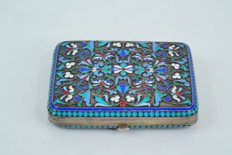 Antique Russian Silver and Enamel Cigarette Case: Antique Russian Silver and Enamel Cigarette Case - This is a stunning antique Russian silver cigarette case, exquisitely decorated with intricate cloisonne enamel in a vibrant floral and foliate desig
