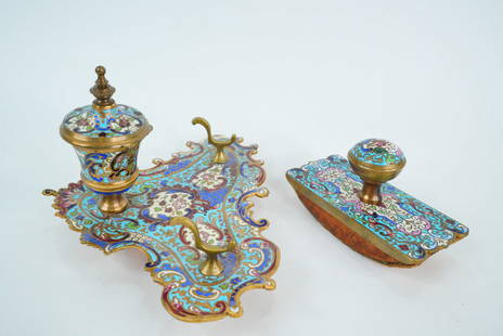 Antique Russian Cloisonne Enamel Inkstand and Blotter: Antique Russian Cloisonne Enamel Inkstand and Blotter Set - A breathtaking example of fine Russian craftsmanship, this antique cloisonne enamel inkstand set is as decorative as it is functional. The s