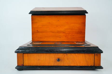 Victorian Era Wooden Writing Slope/Stationery Box: Victorian Era Wooden Writing Slope/Stationery Box with Drawer c. Mid-to-Late 19th Century - This is a charming Victorian-era wooden writing box, designed for both form and function. This handsome desk