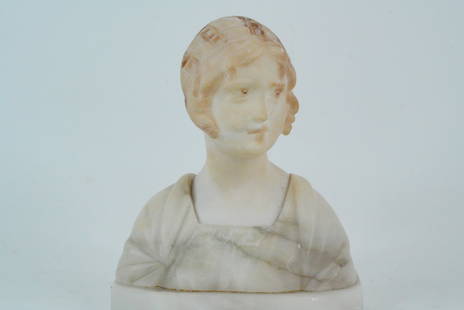 Antique Italian Carved Alabaster Bust of a Young Girl: Antique Italian Carved Alabaster Bust of a Young Girl - This is a beautifully rendered antique bust depicting a young girl with delicate features and a serene expression. Carved from natural alabaster