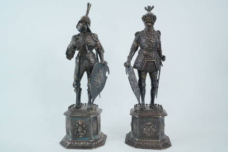 Pair of Antique Silver-Plated 11.75" Knight Figures: Pair of Antique Silver-Plated 11.75" Knight Figures, in the Manner of the Tomb of Emperor Maximilian I, Innsbruck - A striking pair of antique silver-plated bronze knight figures, rendered in the styl