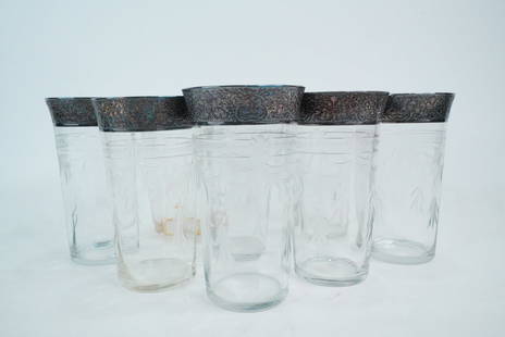 Lot of (8) Vintage Etched Crystal Tumblers: Lot of (8) Vintage Etched Crystal Tumblers with Ornate Silverplate Rims - This is a beautiful set of (8) vintage crystal tumblers, each featuring a delicate etched floral and berry motif and adorned w