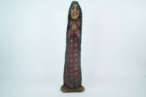 Antique Mexican Virgin Mary Folk Art Santos Figure: Antique Mexican Folk Art Carved Wood Santos Figure of Virgin Mary, ca. 1900s - This is a striking hand-carved and polychrome-painted wooden Santos figure depicting the Virgin Mary, dating approximatel