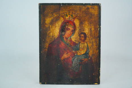 Antique Russian Orthodox Icon of Madonna and Child: Antique Russian Orthodox Icon of Madonna and Child, Hand-Painted on Wood Panel - This is a striking antique Russian Orthodox icon depicting the Madonna and Child, painted in the traditional egg temper