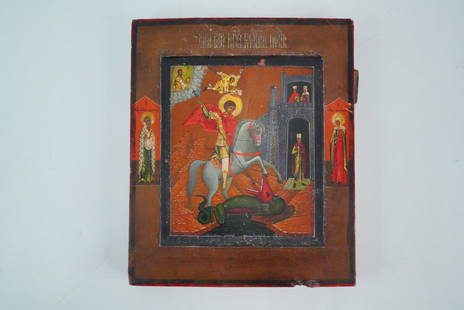 19th Century Russian Orthodox Icon, St. George: 19th Century Russian Orthodox Icon, St. George Slaying the Dragon - Offered is a finely painted 19th century Russian Orthodox icon depicting St. George slaying the dragon, a powerful symbol of good tr