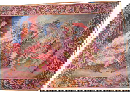 Samson and Delilah (After Van Dyck) Vintage Tapestry: Samson and Delilah (After Van Dyck) Vintage European Tapestry - This is a striking vintage woven tapestry depicting the dramatic biblical scene of Samson and Delilah, after the original work by Flemis