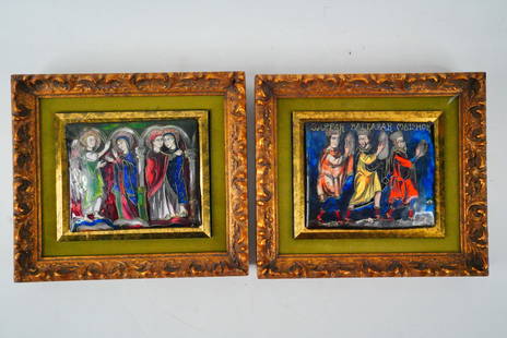 Lot of (2) Religious Enamel on Copper Panels: Lot of (2) Enamel on Copper Panels: The Annunciation and The Three Magi, c. 20th Century - A visually striking pair of hand-painted enamel on copper panels depicting Biblical scenes in a stylized medi