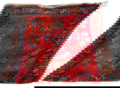 Antique Hand-Knotted Persian Rug, Floral Vine Design: Antique Hand-Knotted Persian Rug, Floral Vine Design - This is an antique Persian hand-knotted scatter rug, featuring a rich brick-red field adorned with an elegant allover floral and vine design. Sty