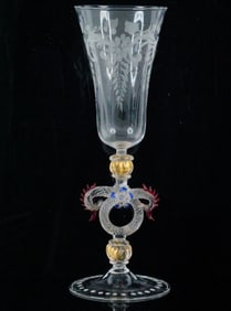 Venetian Hand-Blown Etched Glass with Dragon Handles