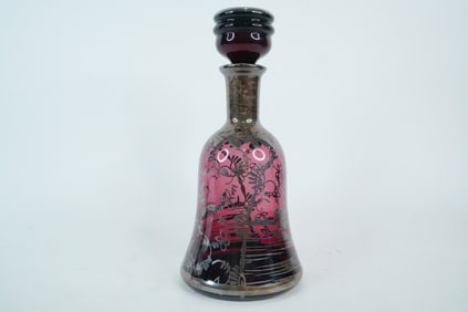 Antique Hand-Blown Ruby Glass Silver Overlay Decanter