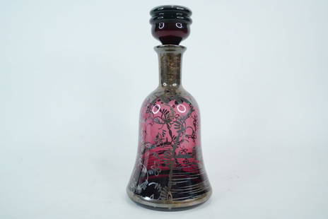 Antique Hand-Blown Ruby Glass Silver Overlay Decanter: Antique Hand-Blown Ruby Glass Silver Overlay Decanter - This is a striking hand-blown ruby glass decanter featuring intricate sterling silver overlay with floral and foliate motifs. The deep cranberry