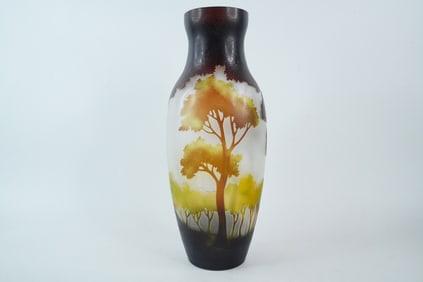 Romanian Cameo Glass 14" Vase with Tree Landscape