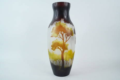 Romanian Cameo Glass 14" Vase with Tree Landscape: Romanian Cameo Glass 14" Vase with Tree Landscape - A beautifully executed Romanian cameo glass vase featuring a tranquil layered forest scene. The frosted glass body is overlaid with rich brown and g