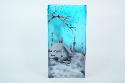 Cameo Glass 10.5" Vase with Winter Landscape