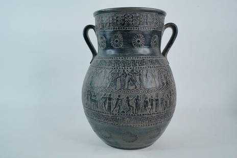 Handmade Greek Blackware-Style Ceramic Vase: Handmade Greek Blackware-Style 11.25" Ceramic Vase with Mythological Motifs - This is a finely crafted handmade ceramic vase from Greece, showcasing a classic blackware-style finish with incised and p