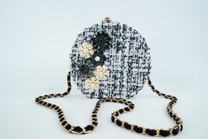 Cristina Sabatini Tweed Shoulder Bag W/Jeweled Flowers