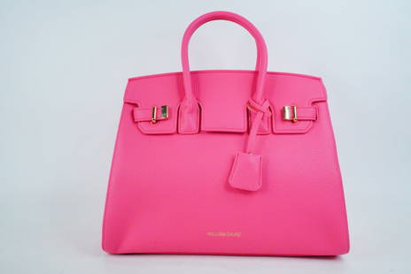 Pink Grained Leather Top Handle Bag W/Gold Tone Hardware: Pink Grained Leather Top Handle Bag W/Gold Tone Hardware - This handbag is crafted in bubblegum pink grained leather with gold tone hardware, two rolled leather top handles, attached leather clochette
