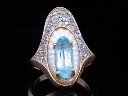 Erte Vintage 2.00ct Topaz, Diamond, 14K Alouette Ring: Erte Vintage 2.00ct Blue Topaz, 0.25ctw Diamond, 14K Yellow Gold and Mother of Pearl Alouette Ring - A rare treasure from the legendary Erte, this exquisite Alouette ring comes from his exceptionally