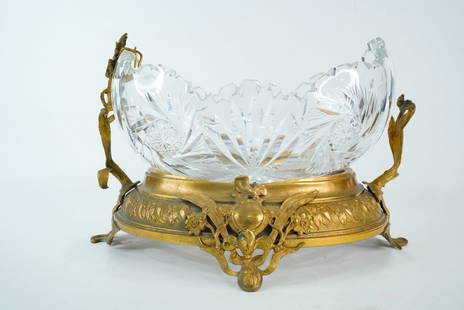 Antique French Cut Crystal and Gilt Bronze Bowl: Antique French Cut Crystal and Gilt Bronze Centerpiece Bowl, Dated 1905 - A stunning and substantial antique French centerpiece bowl, dated 28 September 1905 and inscribed E. Silberstein, France. This