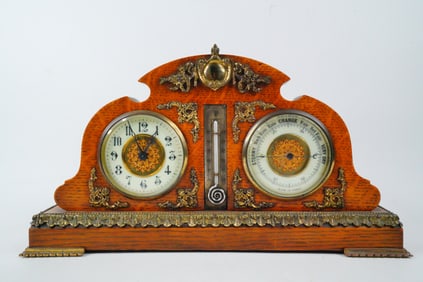 Antique French Oak Clock, Barometer and Thermometer