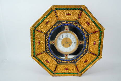 Vintage Jeweled Wall Clock with Ornate Gilt Bronze Frame: Vintage Jeweled Wall Clock with Ornate Gilt Bronze Frame - Striking and opulent, this vintage wall clock features a lavish octagonal gilt bronze frame adorned with colorful glass jewels in ruby red, e