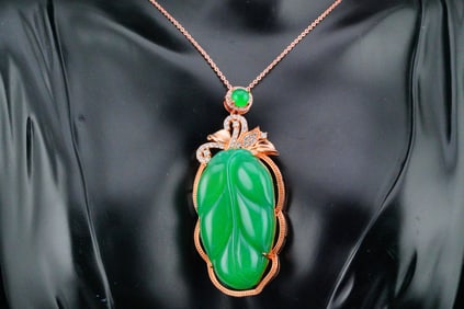 Carved Jade and Rose Gold Plated Silver 18" Necklace