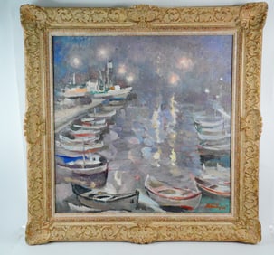 Original Oil on Canvas Painting, Nocturnal Harbor Scene