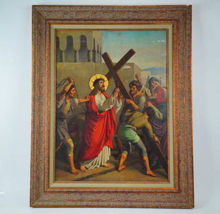 Late 19th to Early 20th Century Religious Oil Painting: Late 19th to Early 20th Century Religious Oil Painting on Tin, Christ Carrying the Cross (In Exhibit Quality Frame) - A powerful devotional artwork executed in oil on tin, depicting Christ bearing the