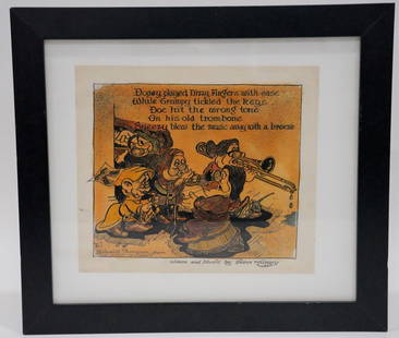 Disney's Snow White 1932 Drawing W/COA: Disney Snow White and the Seven Dwarfs 1932 Original Pen and Ink Colored Drawing by Frank Murphy in Exhibit Quality Framed Display W/COA - This is a vintage, hand drawn illustration depicting the seve