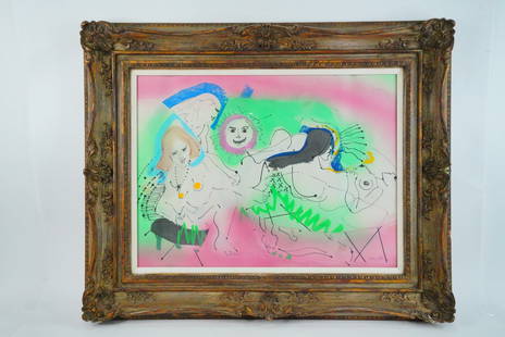 Isaac Rabinovitch (1894-1961) Surrealist Nudes: Isaac Rabinovitch (1894-1961) Surrealist Composition of Reclining Nudes, Signed (In Exhibit Quality Frame) - A vibrant and whimsical mixed media (ink and watercolor) composition on paper by Isaac Rabi