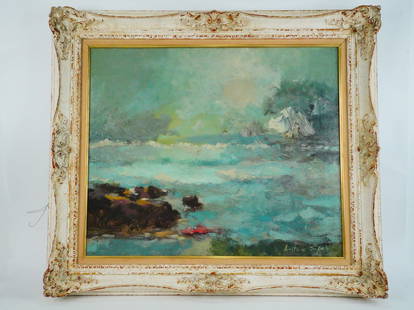 Anton Sipos (Bosnian, b. 1938) Coastal Seascape Painting: Anton Sipos (Bosnian, b. 1938) Coastal Seascape Oil on Canvas Painting (In Exhibit Quality Frame) - A dramatic coastal seascape by Anton Sipos, rendered in rich impasto oil on canvas. The composition