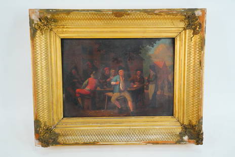 After David Teniers Oil on Panel Tavern Scene: After David Teniers the Younger Oil on Panel Tavern Scene (Framed) - An engaging 19th-century Continental oil on wood panel in the manner of David Teniers the Younger (Flemish, 1610-1690), depicting a