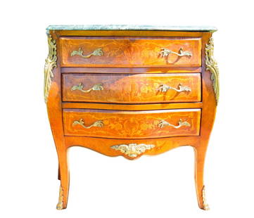 French Louis XV Style Inlaid Bombe Commode W/Marble Top: French Louis XV Style Inlaid Bombe Commode with Marble Top - Exquisite French Louis XV style bombe commode, featuring three drawers with floral marquetry inlays and elegant bronze ormolu mounts. The s