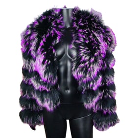 Contemporary Black and Purple Fox Fur Cropped Jacket