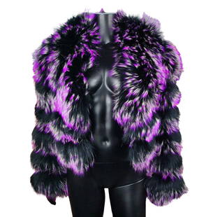 Contemporary Black and Purple Fox Fur Cropped Jacket: Contemporary Fox Fur Cropped Jacket, Black with Purple Accents - This is a bold and eye-catching fox fur jacket in a bold black hue with vibrant purple and white highlights. This luxurious piece featu