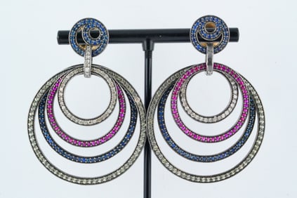 5.00ctw Sapphire, Ruby, Diamond and Silver 2" Earrings