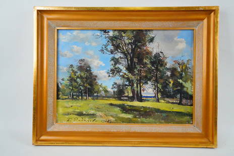 Russian Artist Signed "Estate of Tolstoy" 1977 Painting: Russian Artist Signed "Estate of Count Tolstoy" Oil on Canvas Painting Dated 1977 (Framed) - This is an original oil on canvas Russian landscape painting signed and dated 1977 lower left and inscribed