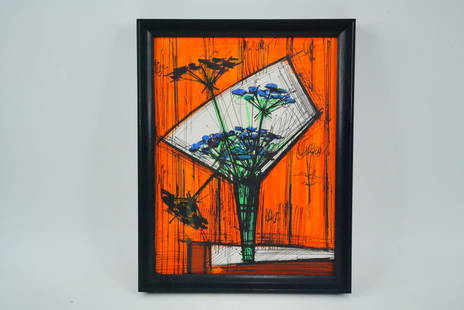 Bernard Buffet 1972 Lithograph (Published by Mourlot): Bernard Buffet (French, 1928-1999) Les Ombelles 1972 Original Color Lithograph on Arches Paper (Published by Mourlot, Framed) - From a limited edition of 800 on Arches Vellum for "Souvenirs et portrai