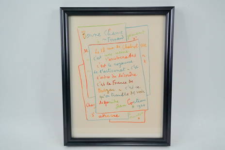 After Jean Cocteau 1972 Lithograph Published by Mourlot: After Jean Cocteau (French, 1889-1963) Manuscrit 1972 Original Color Lithograph on Arches Paper (Published by Mourlot, Framed) - From a limited edition of 800 on Arches Vellum for "Souvenirs et portra