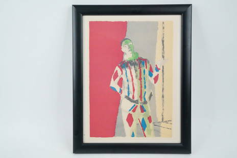 Maurice Brianchon 1972 Lithograph Published by Mourlot: Maurice Brianchon (French, 1899-1979) L'Arlequin 1972 Original Color Lithograph on Arches Paper (Published by Mourlot, Framed) - From a limited edition of 800 on Arches Vellum for "Souvenirs et portra