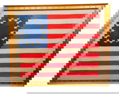 Framed 13-Star "Betsy Ross" Style American Flag: Framed 13-Star "Betsy Ross" Style American Flag - A beautifully framed 13-star American flag, commonly attributed to the Betsy Ross design. The flag features thirteen white stars arranged in a circle