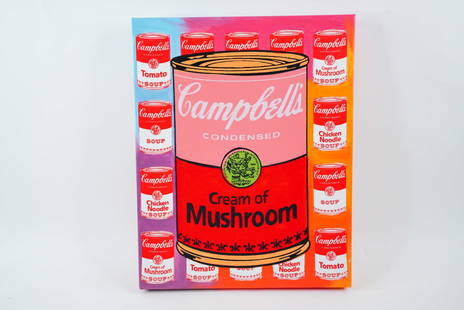 Steve Kaufman "Campbell's Soup" Mixed Media #2/100: Steve Kaufman (American, 1960-2010) "Campbell's Soup (Mushroom)" Limited Edition Hand Embellished Silkscreen on Canvas #2/100 - A vibrant, signed limited edition artwork by renowned American pop artis