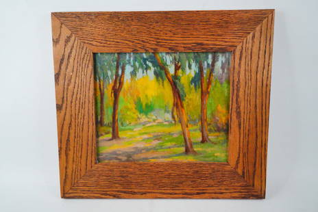 California School-Forest Light Oil on Board Painting: California School-Forest Light Oil on Board Painting W/Crocker Art Museum Label (Framed) - A vibrant plein air-style landscape painting, likely mid-20th century, depicting a sun-dappled forest path wi