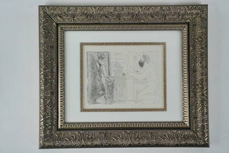 After Pablo Picasso Etching from the Vollard Suite: After Pablo Picasso (Spanish, 1881-1973) "Sculptor Working After a Pose by Marie-Therese" Etching from the Vollard Suite (Framed) - Finely detailed print after Pablo Picasso, titled "Sculptor Working