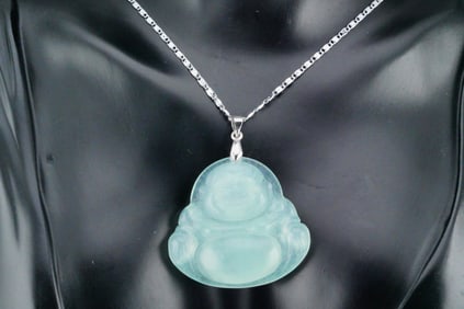 Carved Jade Happy Buddha Pendant on 17" Sterling Chain