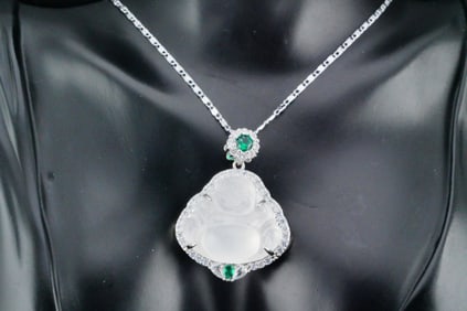 Carved Jade Happy Buddha Pendant W/Sterling Chain